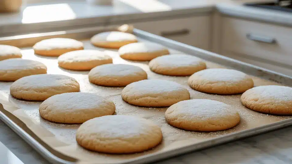 gluten-free coconut flour sugar cookies on baking tray, soft, lightly dusted with powdered sugar