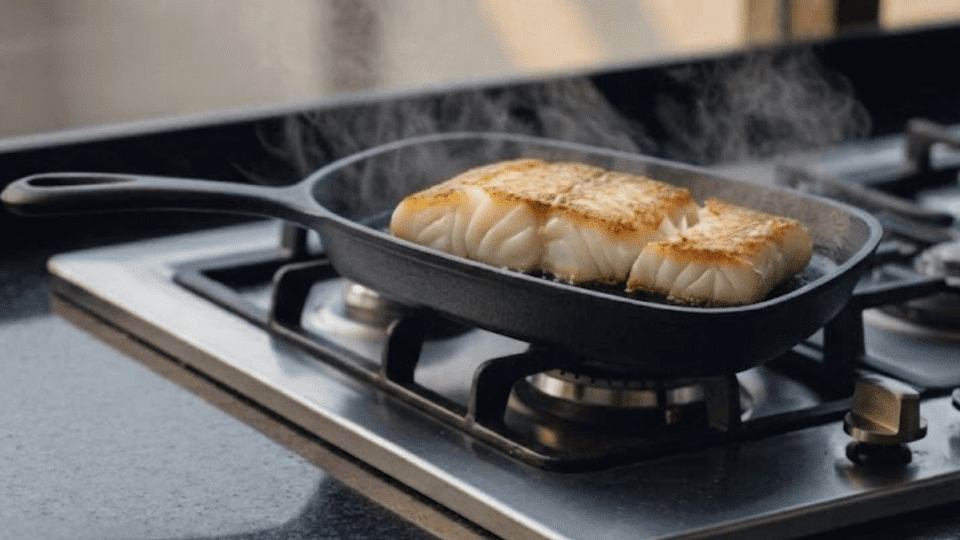 golden white fish fillet sizzling in a cast iron skillet on a gas stove with a small bowl of seasoning nearby