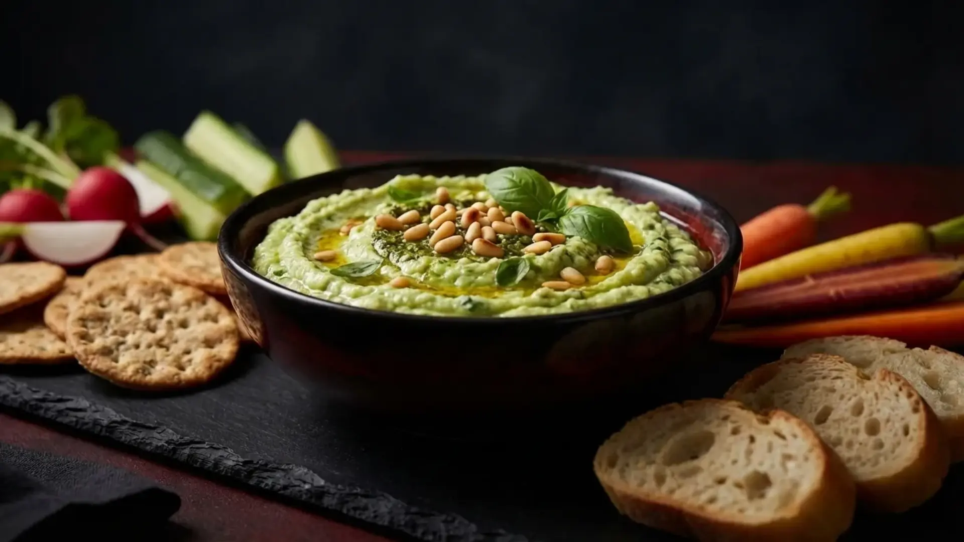 green pesto white bean spread in a dark bowl topped with pine nuts and basil served with crackers and vegetables