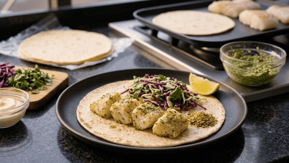 grilled fish taco topped with cilantro lime slaw on a flour tortilla served on a dark plate with a lemon wedge