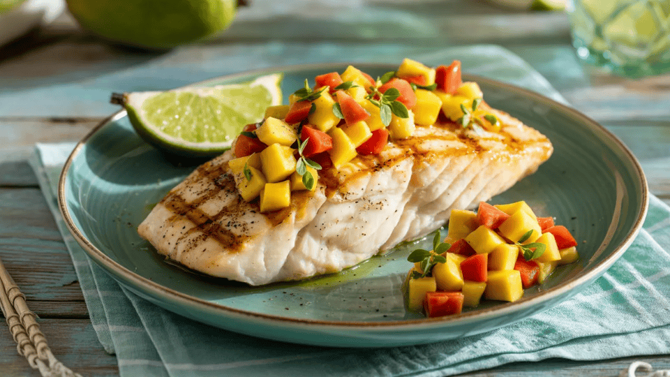 Grilled mahi mahi topped with mango salsa on a plate with lime wedges and cilantro