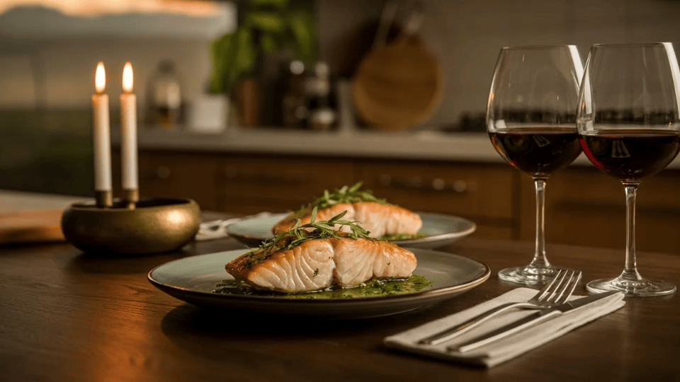 grilled salmon with fresh herbs and wine glasses on a dinner table with candles and utensils
