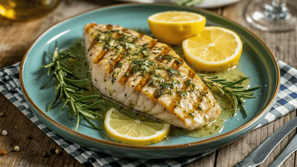 grilled swordfish with lemon herb marinade, rosemary, and lemon wedges on a plate