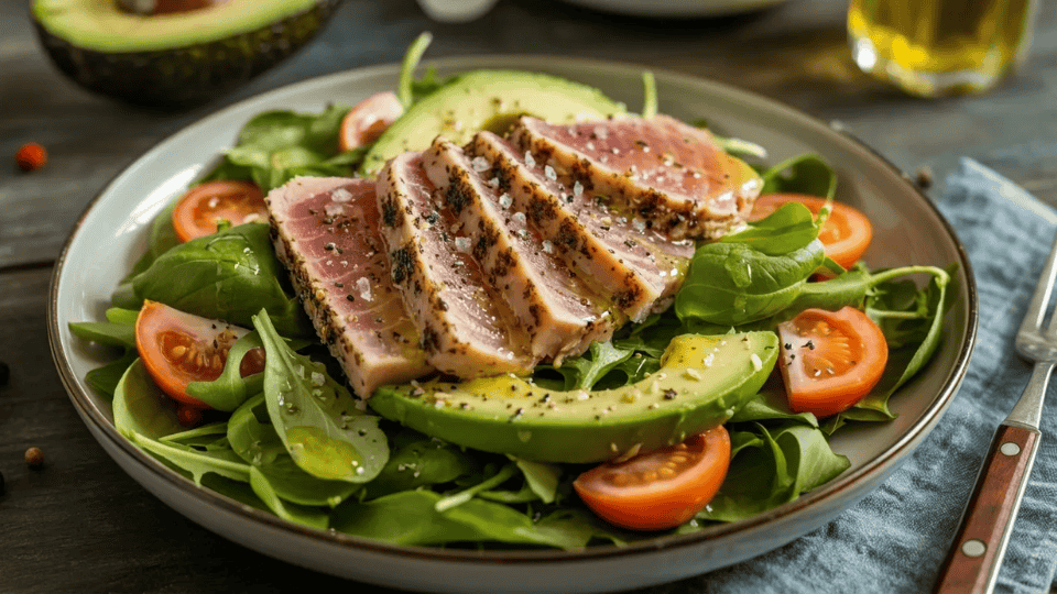 grilled tuna salad with avocado, spinach, tomatoes, and a light dressing on a plate