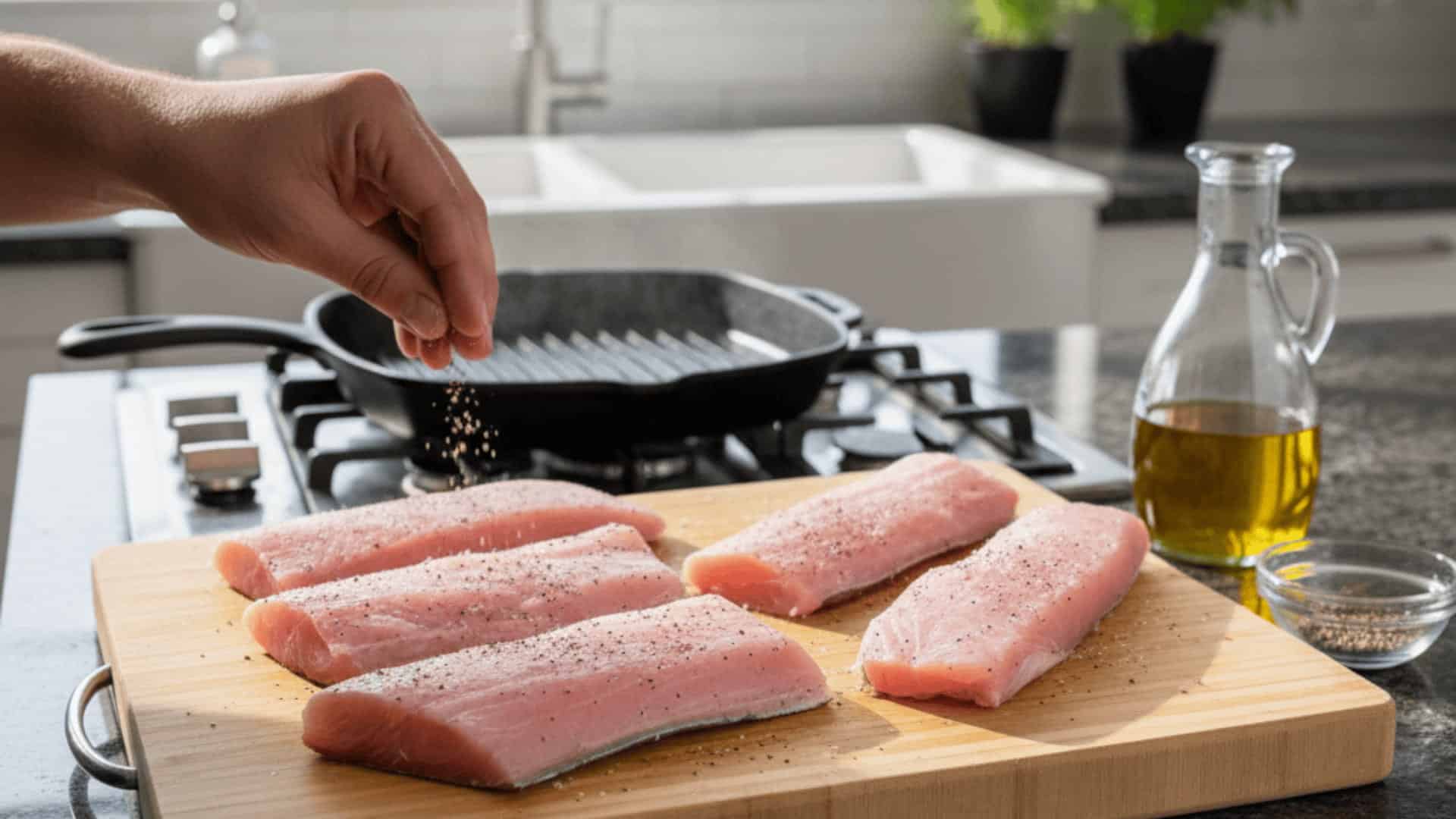 hand seasoning raw mahi mahi fillets on a wooden cutting board with a grill pan and olive oil bottle in the background