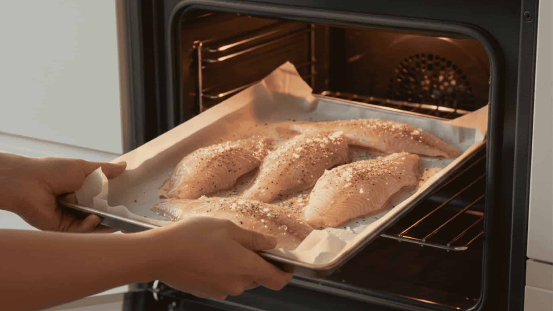 hands placing a parchment-lined baking tray with seasoned raw fish fillets into an oven