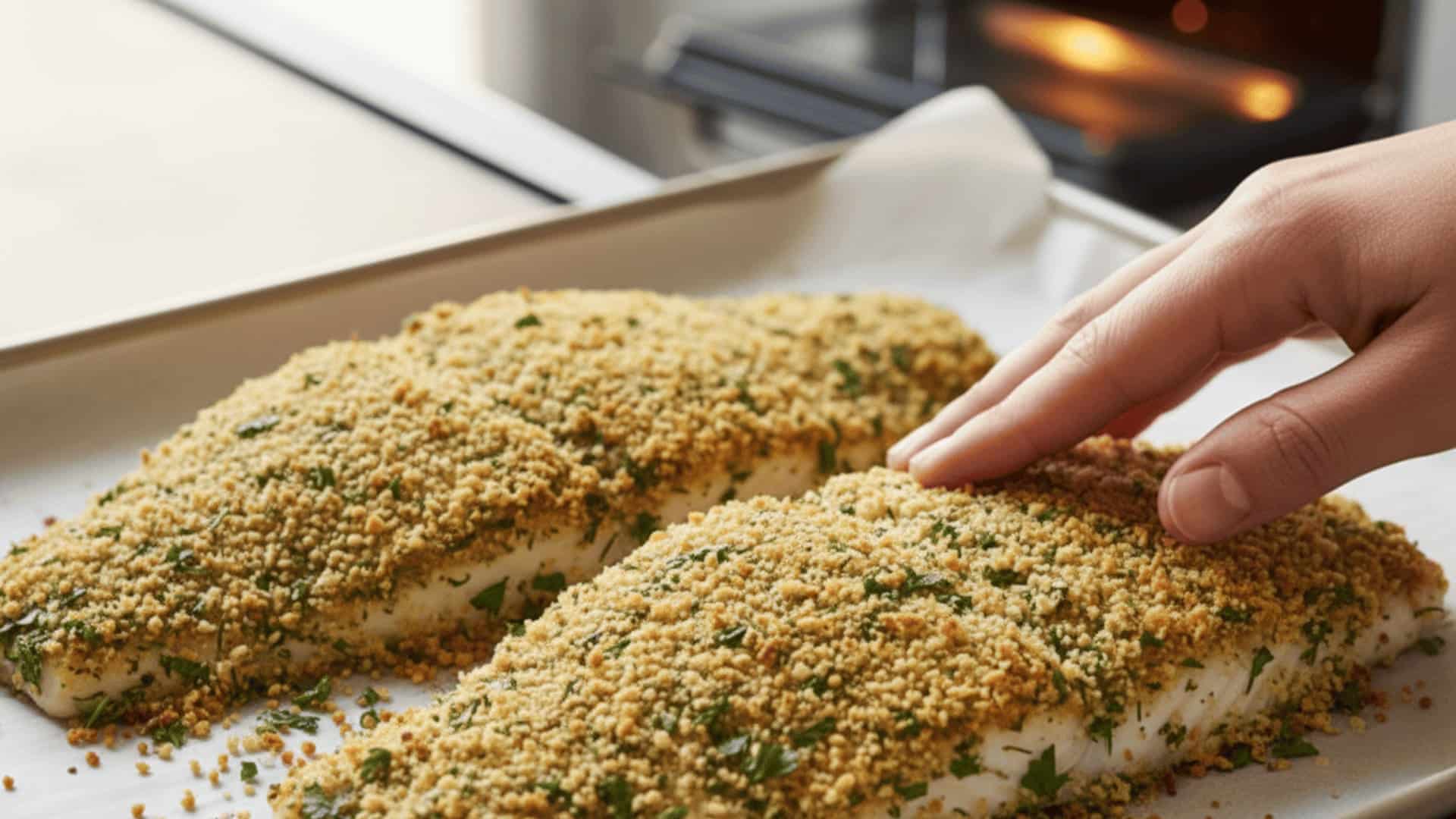 hands pressing herb breadcrumb crust onto halibut fillets on a parchment-lined baking sheet before baking