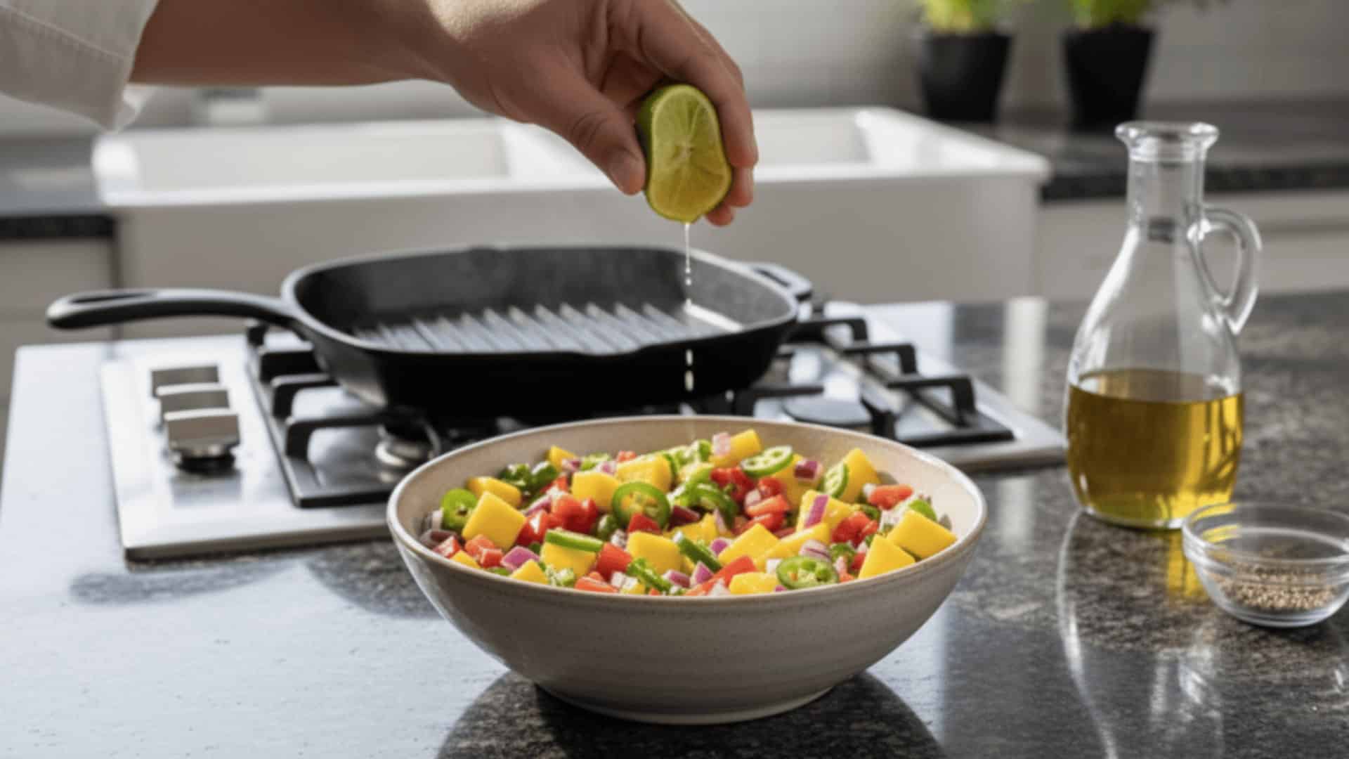 hands squeezing fresh lime juice over a colorful mango salsa bowl with a grill pan and olive oil bottle nearby