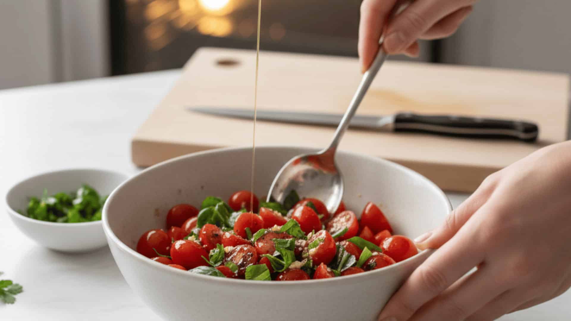 hands tossing cherry tomatoes and fresh basil in a white bowl while olive oil is drizzled over the mixture