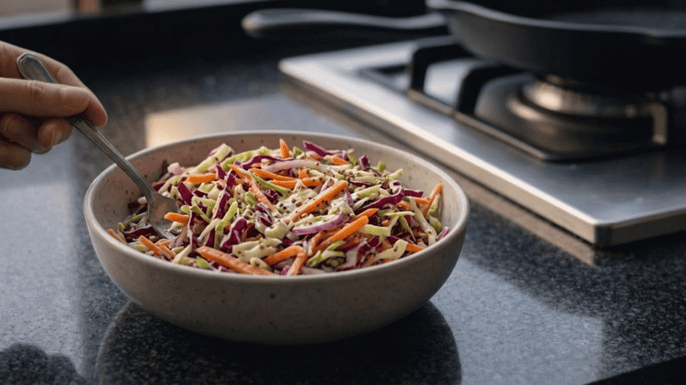 hands tossing shredded cabbage and fresh cilantro lime slaw in a ceramic bowl on a dark kitchen counter