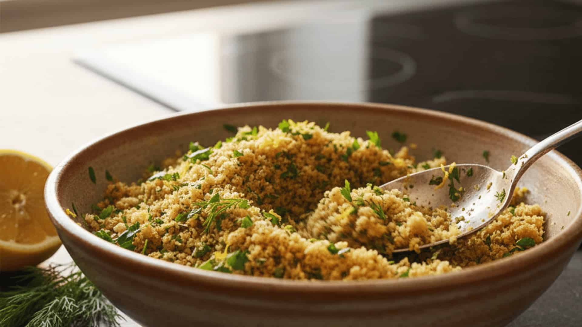 herb breadcrumb mixture with fresh parsley, dill, and lemon zest in a rustic ceramic bowl with a spoon