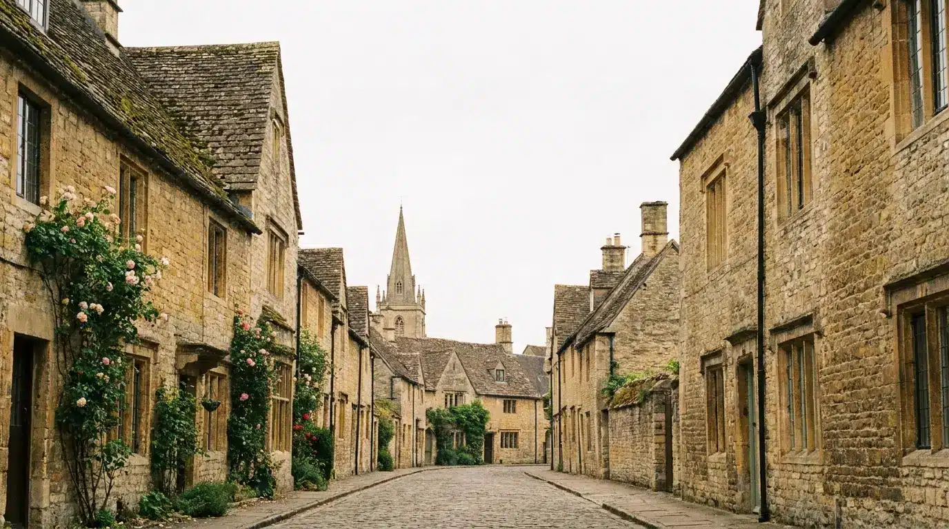 Narrow cobblestone street lined with stone cottages and flowering vines under overcast sky