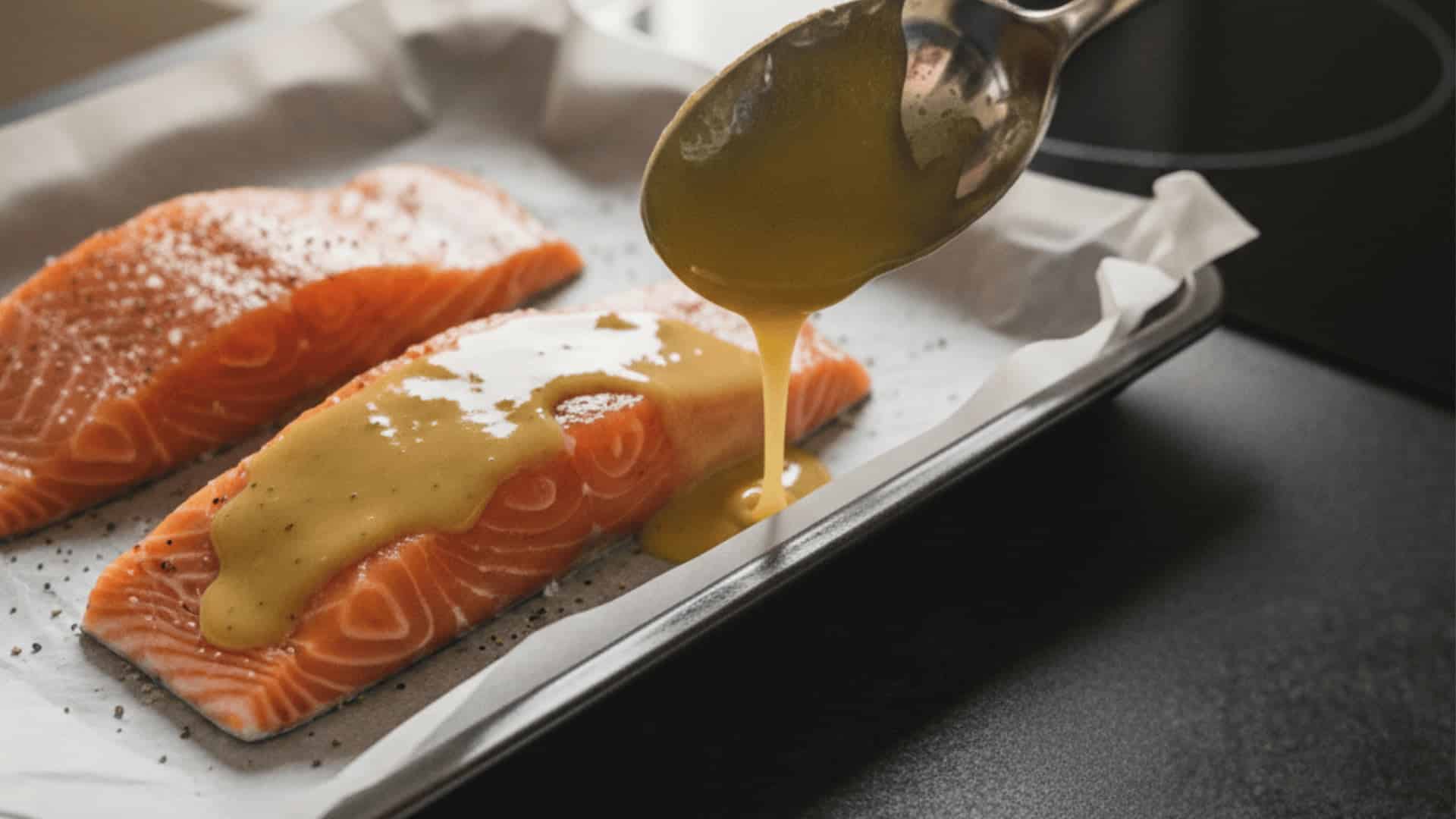 honey mustard glaze being generously spooned over two raw salmon fillets on a parchment lined baking sheet