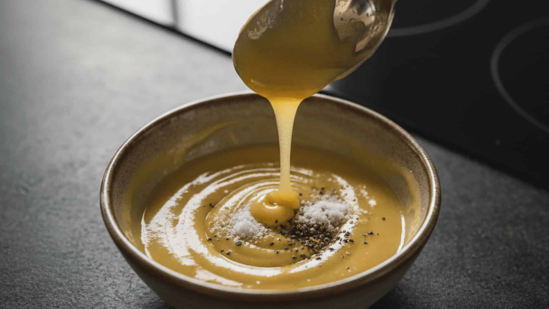 honey mustard glaze pouring from a spoon into a rustic ceramic bowl with salt and cracked black pepper