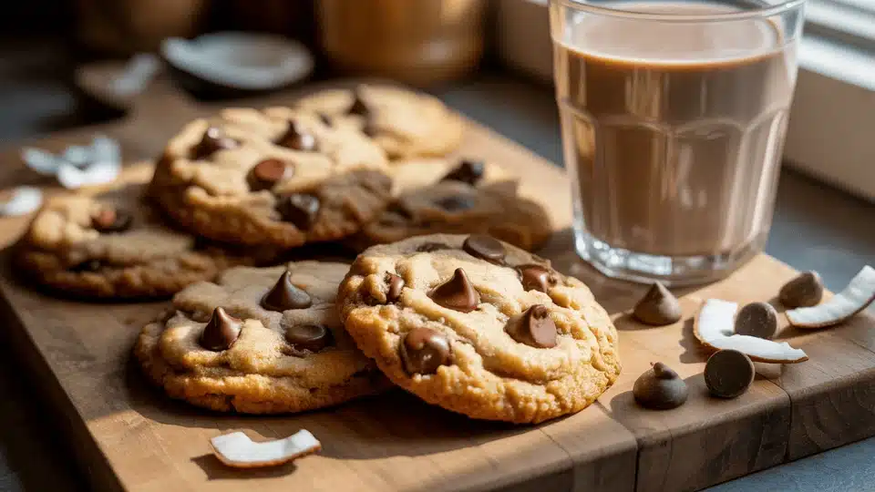 keto coconut flour chocolate chip cookies on wooden board with almond milk, warm natural light