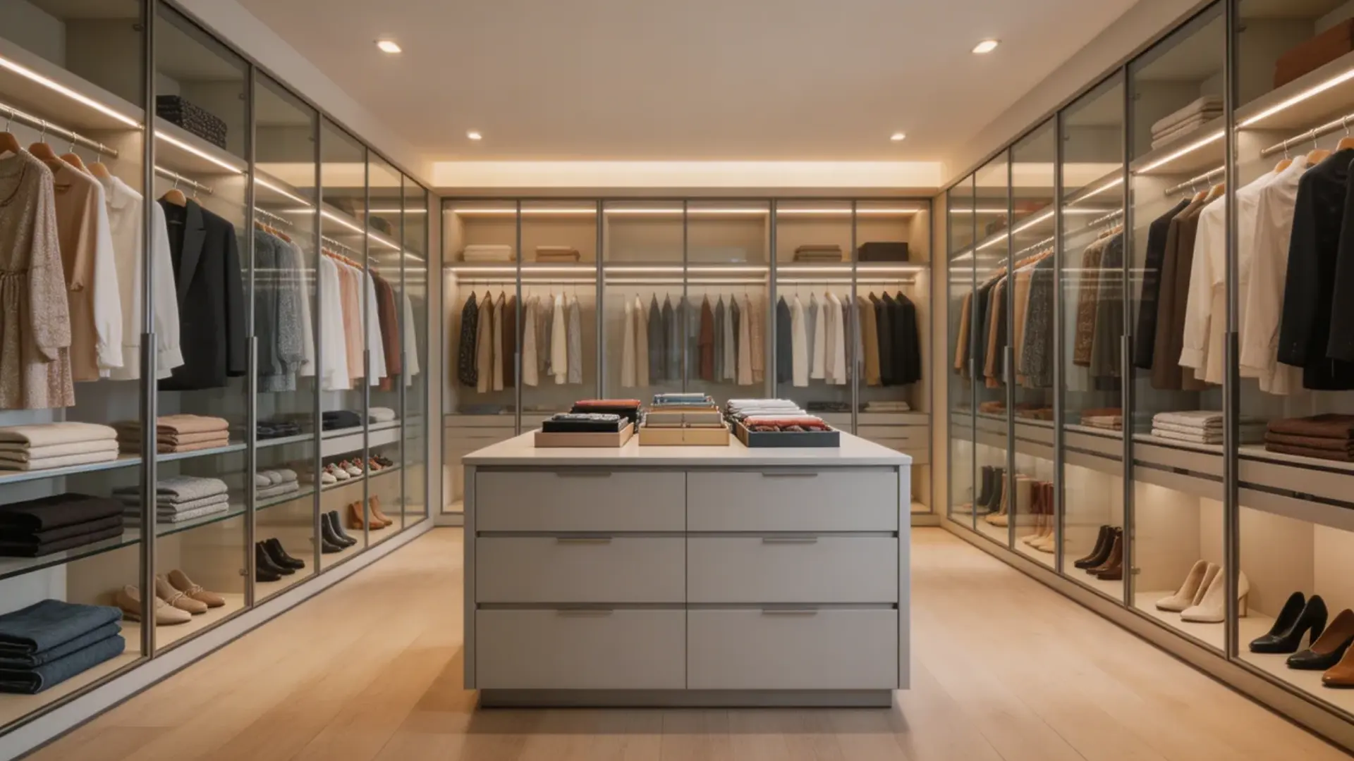large walk-in closet with a central island unit, spacious layout, glass cabinets, neatly arranged clothes