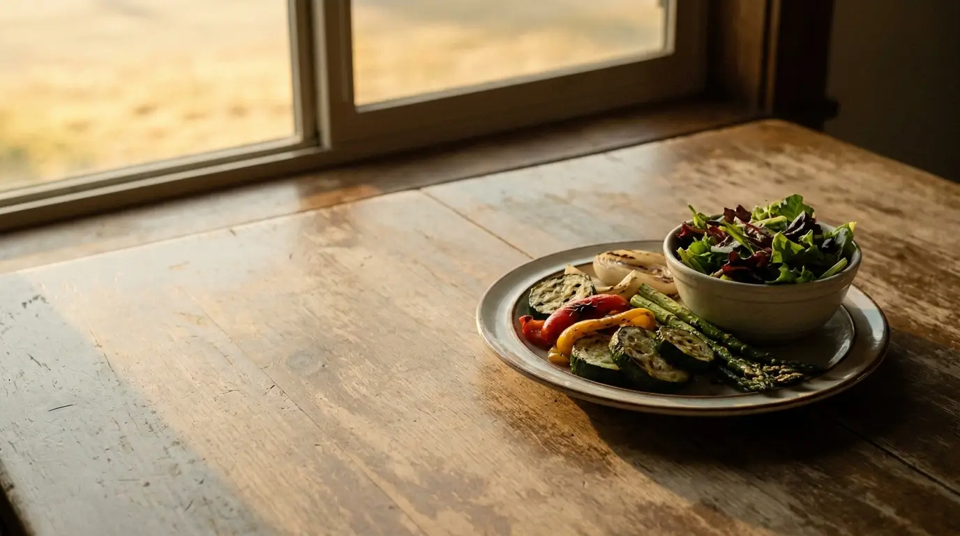 Grilled vegetables and fresh salad on rustic wooden table near window in natural light