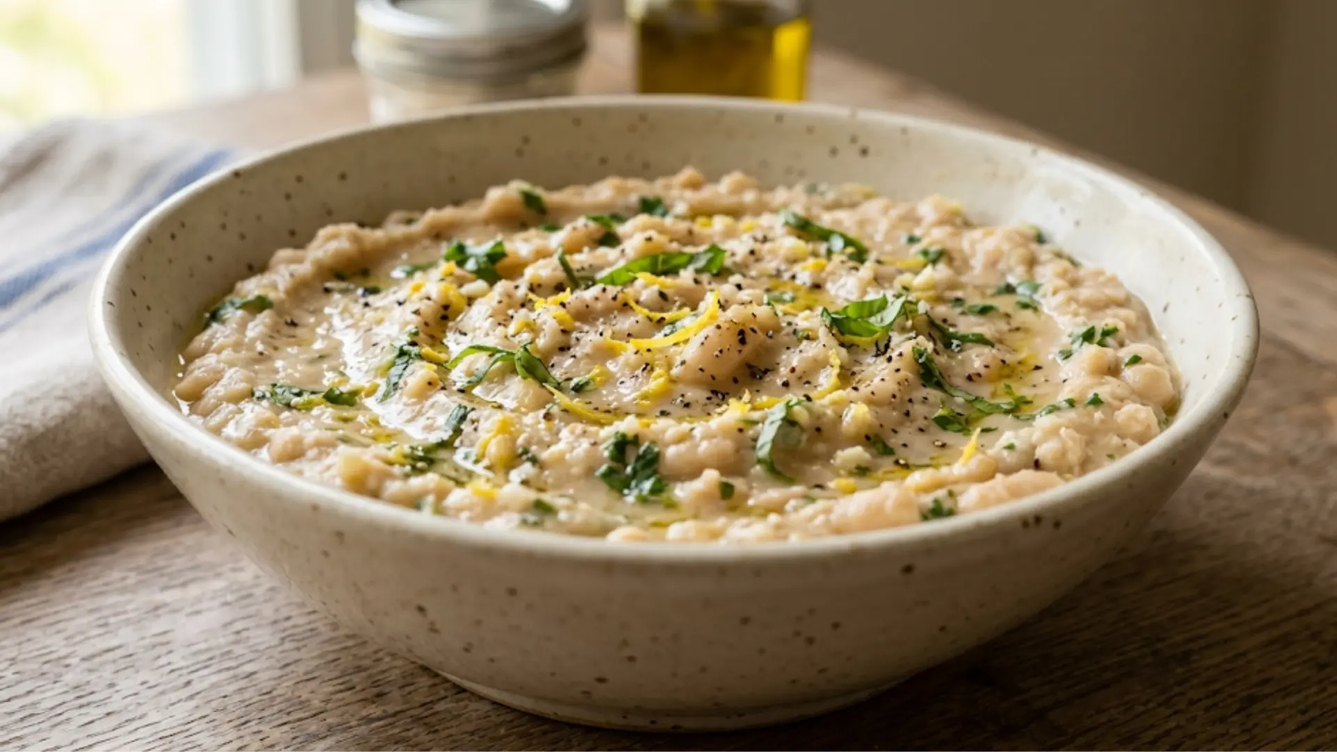 mashed cannellini beans in a white bowl swirled with olive oil, fresh green herbs, lemon zest, and cracked black pepper