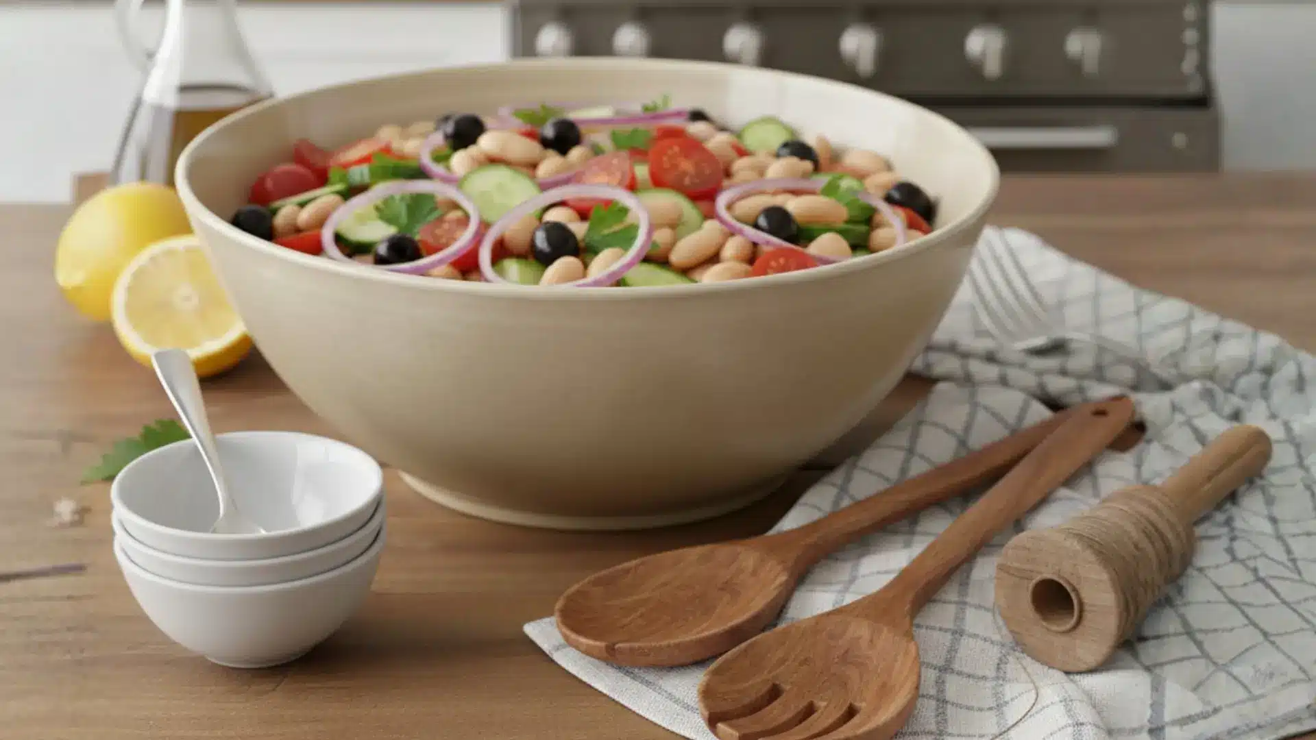 mediterranean bean salad in a large tan bowl next to wooden serving spoons and small white bowls on a wooden table
