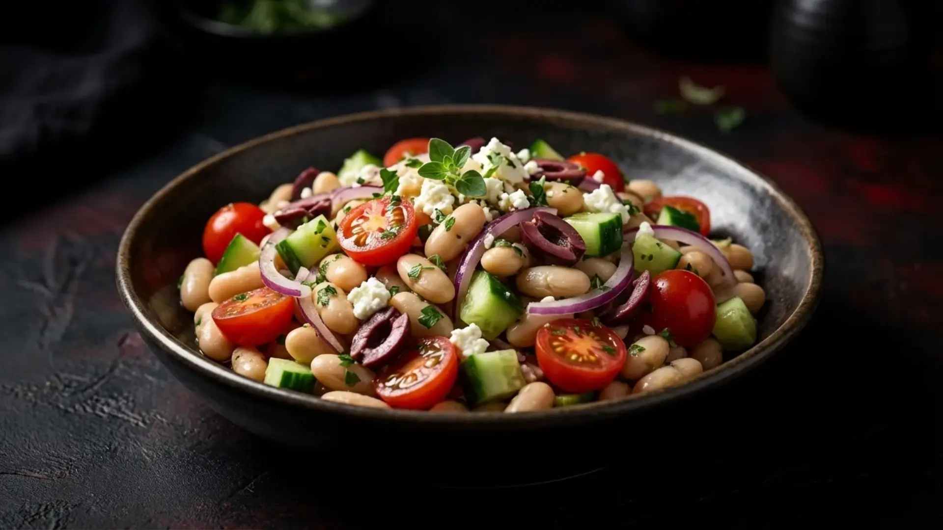 mediterranean bean salad with cherry tomatoes, cucumbers, red onion, olives, and feta cheese in a blue ceramic bowl