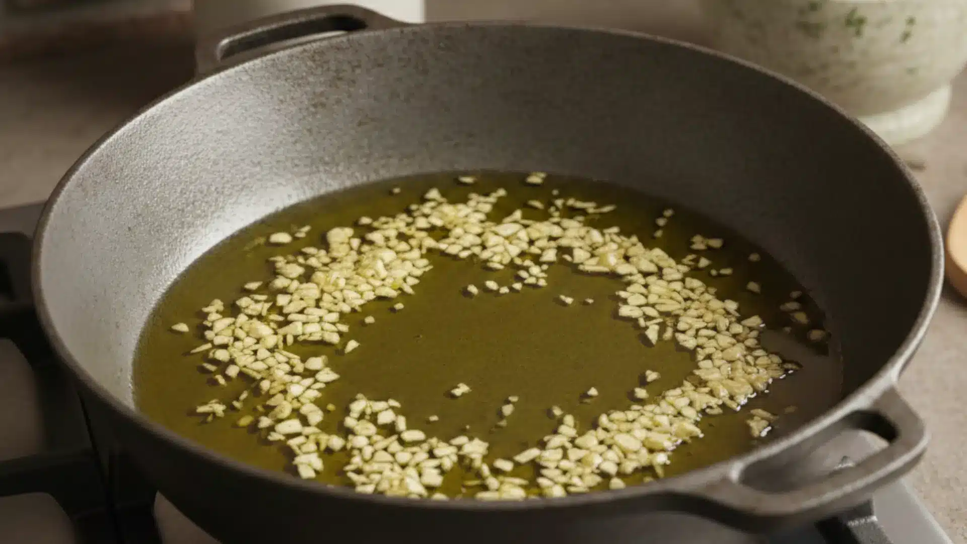 minced garlic sautéing in olive oil in a cast iron pan on a stovetop with a mortar and pestle in the background