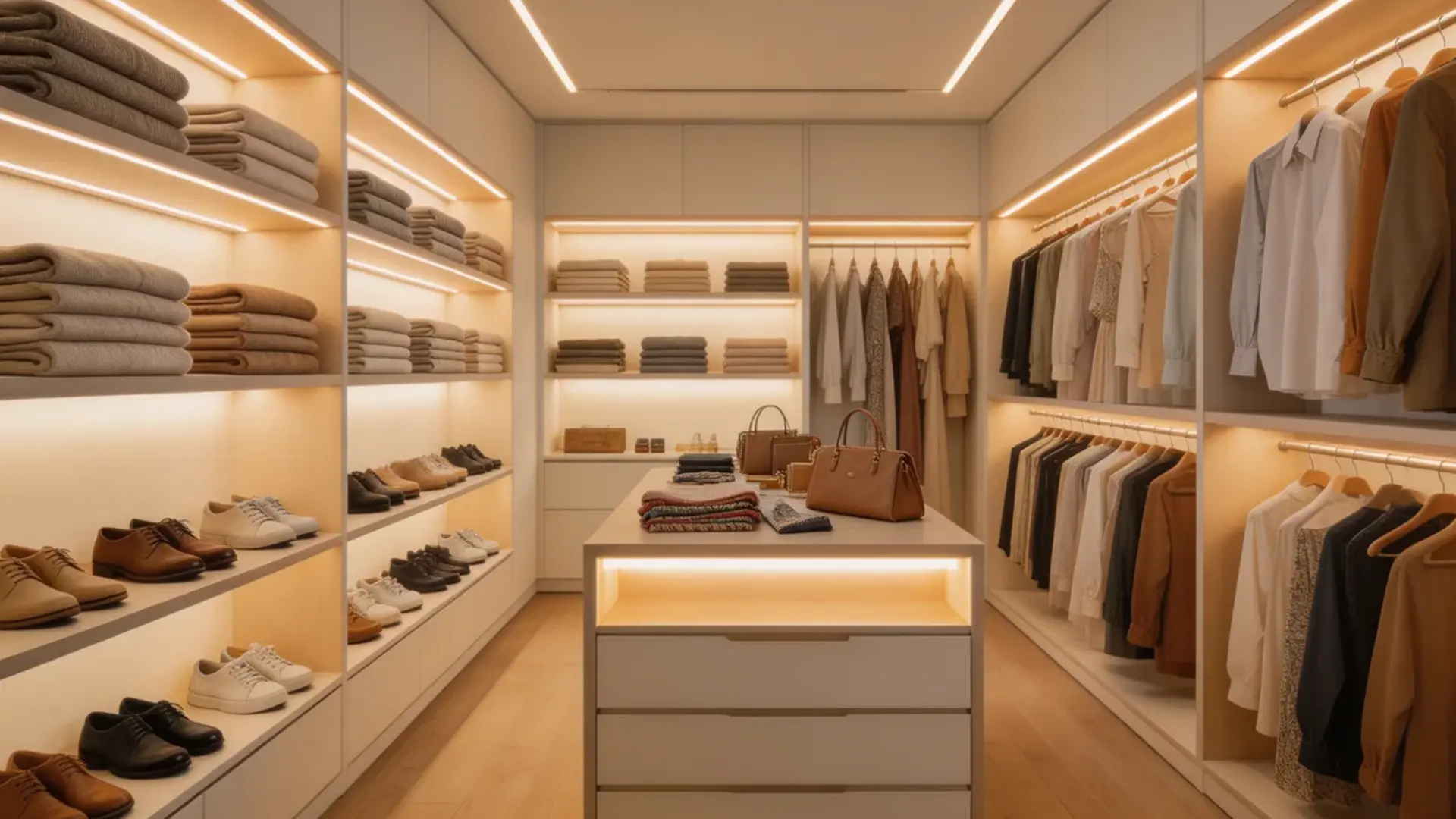 modern walk-in closet with LED lighting inside shelves, glowing storage sections, neatly arranged clothes and accessories