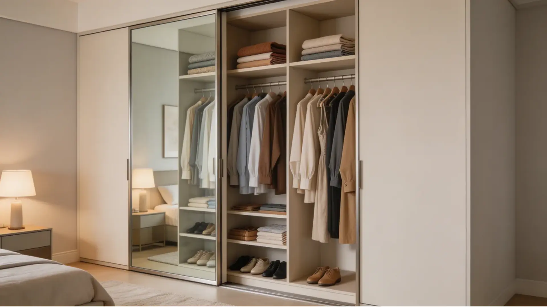 modern walk-in closet with sliding doors, glass or mirrored panels, partially open view, organized shelves and hanging clothes inside