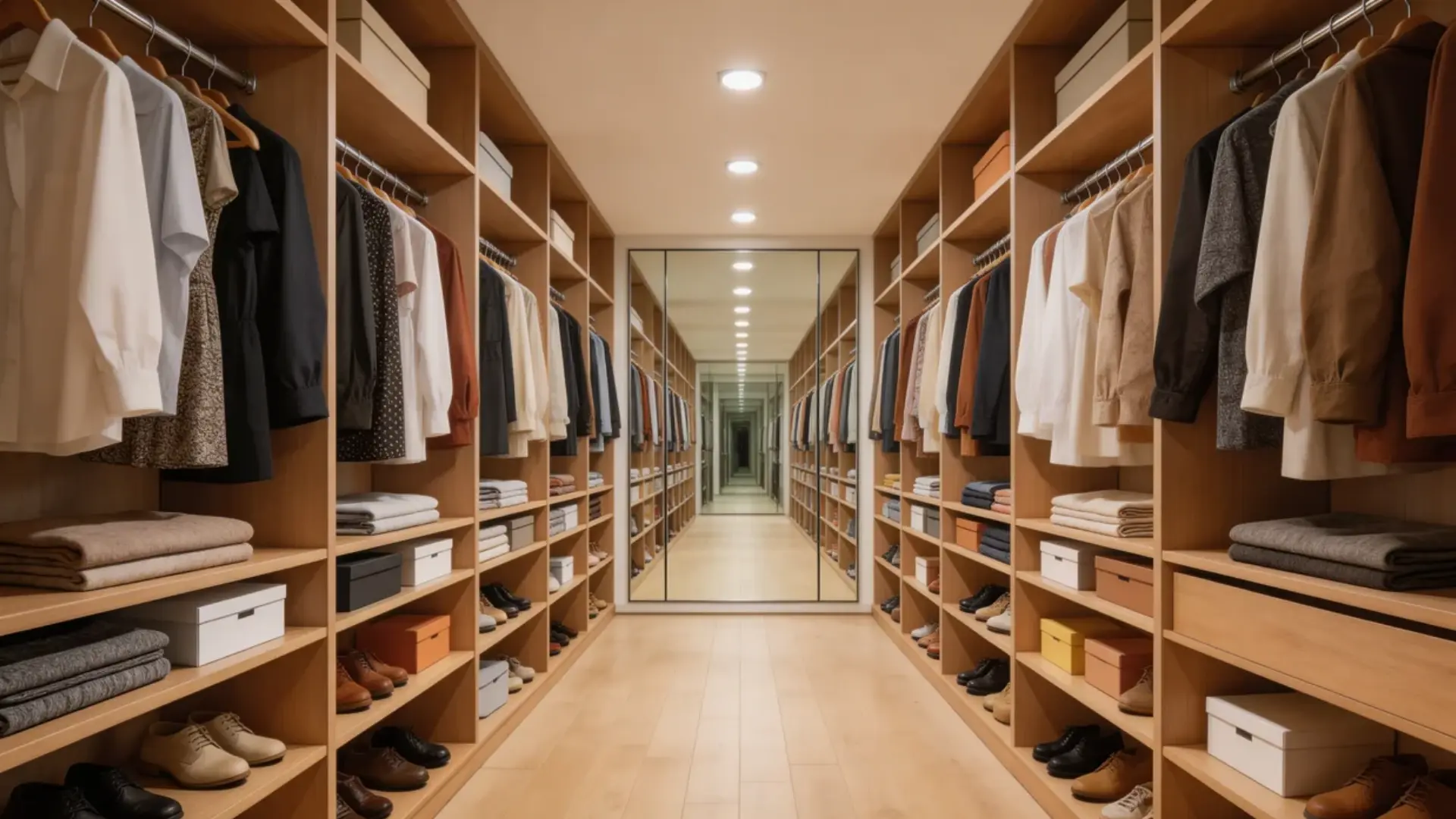 narrow walk-in closet with a straight walkway, storage on both sides, hanging clothes and shelves, mirror at the end, well-lit space