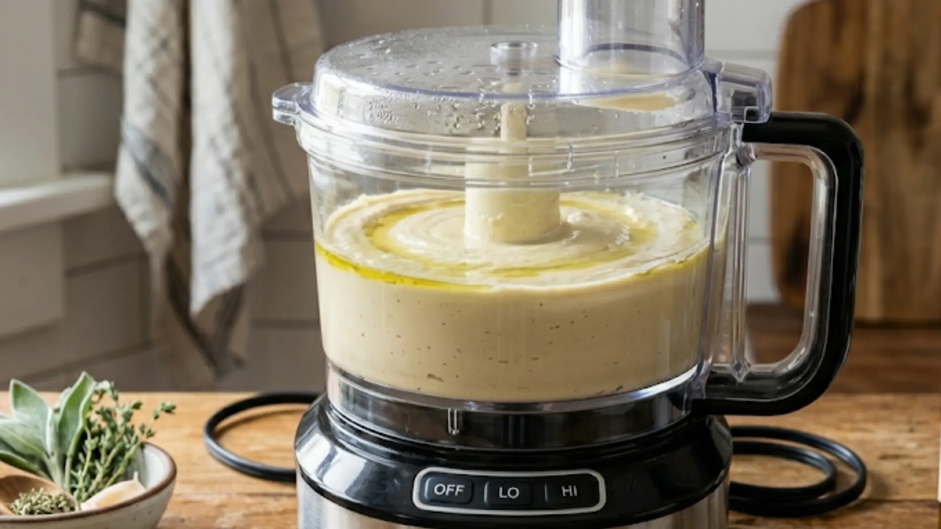 olive oil being drizzled into a food processor containing smooth white bean hummus on a wooden kitchen counter