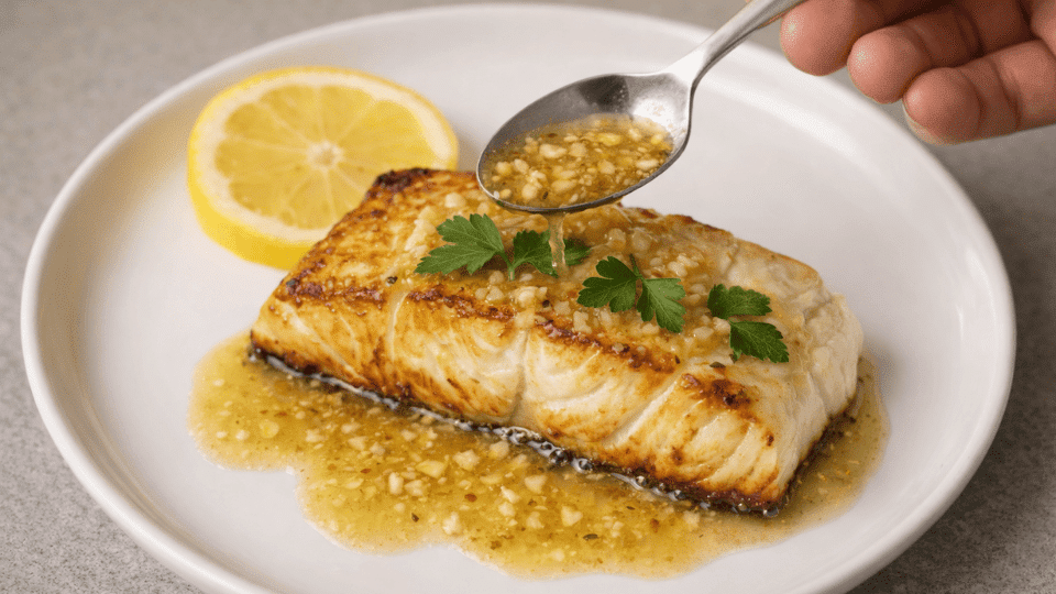 pan-seared halibut fillet with lemon garlic butter sauce garnished with fresh herbs a plate