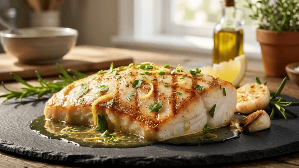 pan-seared halibut with lemon garlic butter, fresh herbs, and roasted garlic on a plate