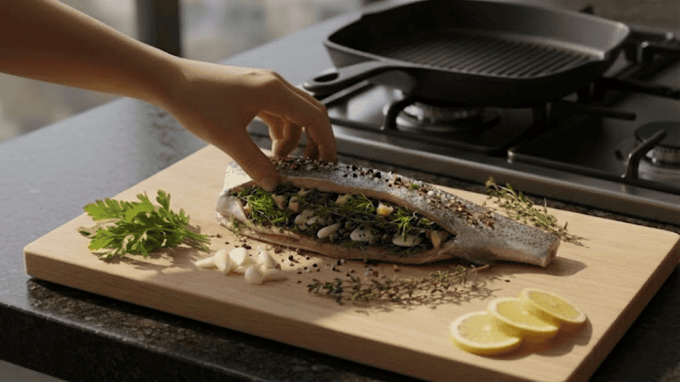 person filling trout cavity with garlic cloves and herbs on cutting board with parsley and lemon slices