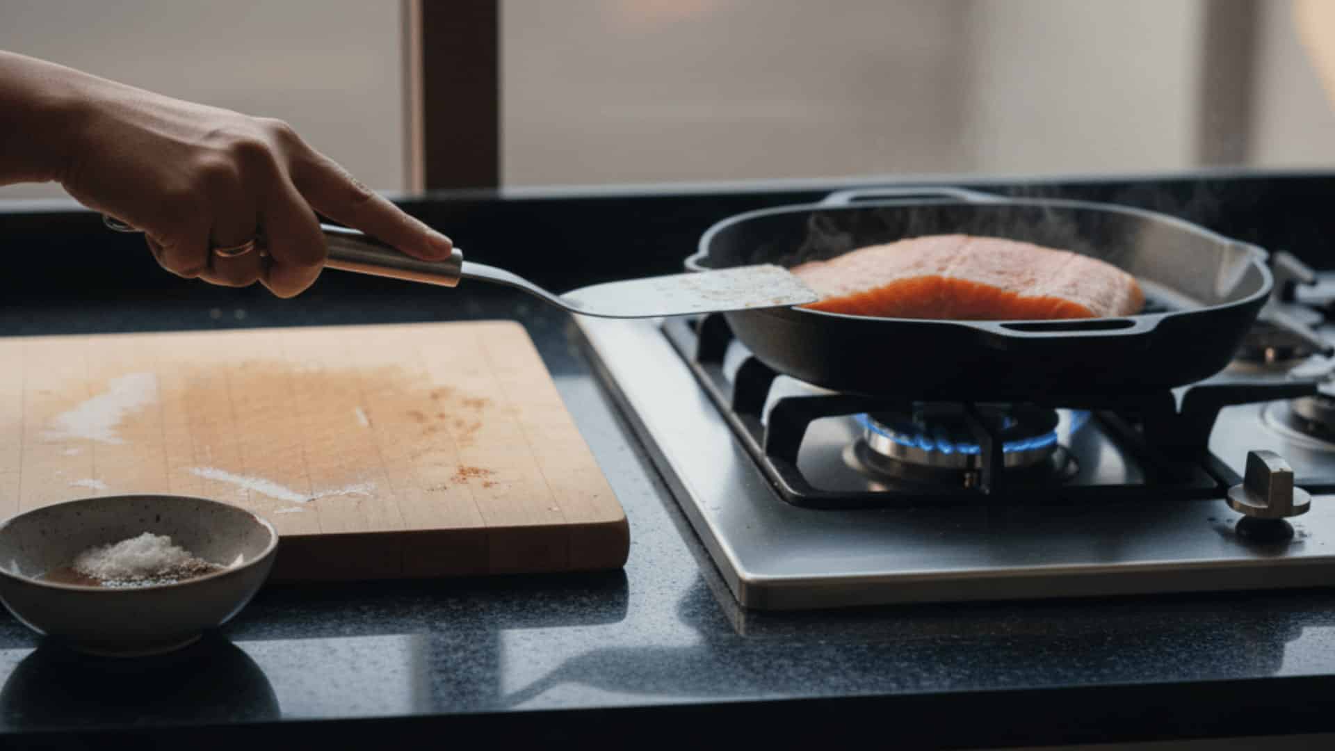 person flipping a salmon fillet in a cast iron skillet over a gas stove with a spatula