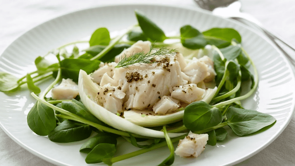poached cod and fennel salad with fresh greens and a light dressing on a plate