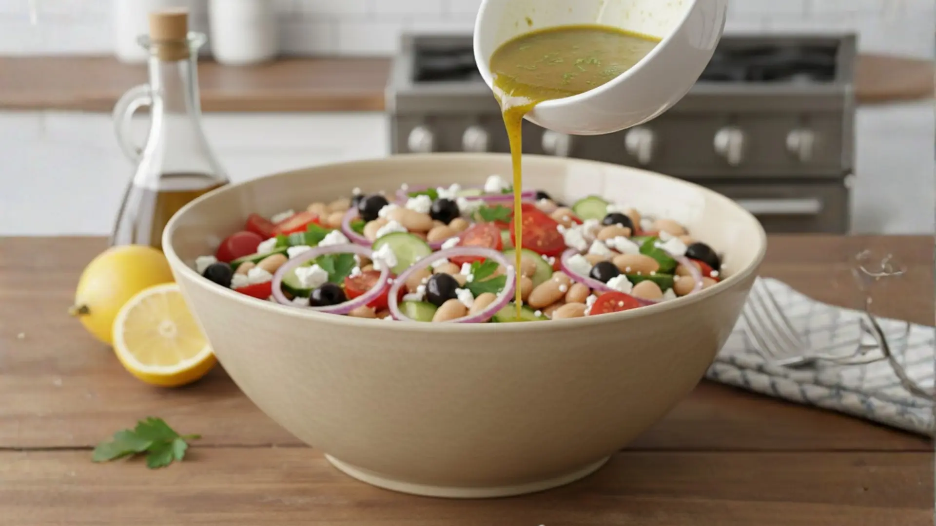 pouring herb dressing from a white bowl into a large tan bowl of colorful mediterranean bean and vegetable salad