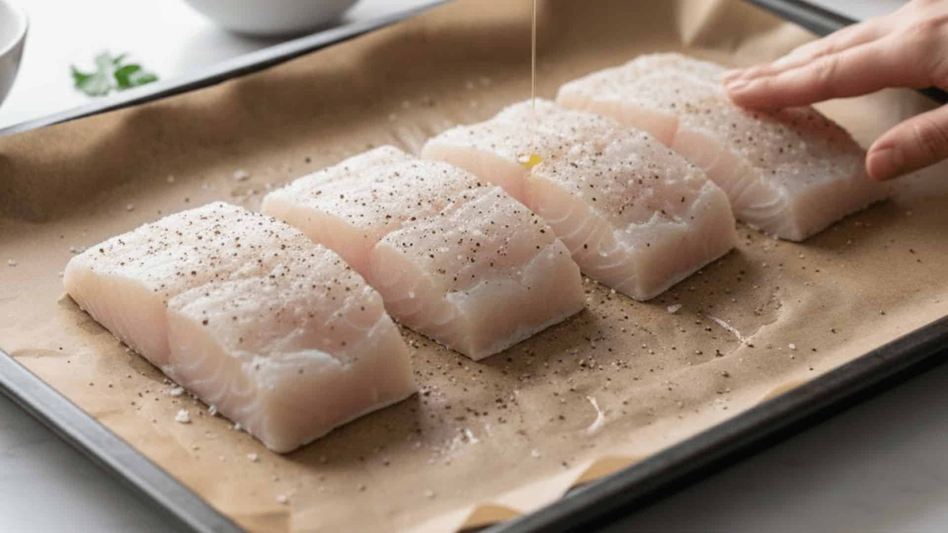 raw cod fillets on a parchment-lined baking sheet seasoned with salt and pepper with olive oil being drizzled on top