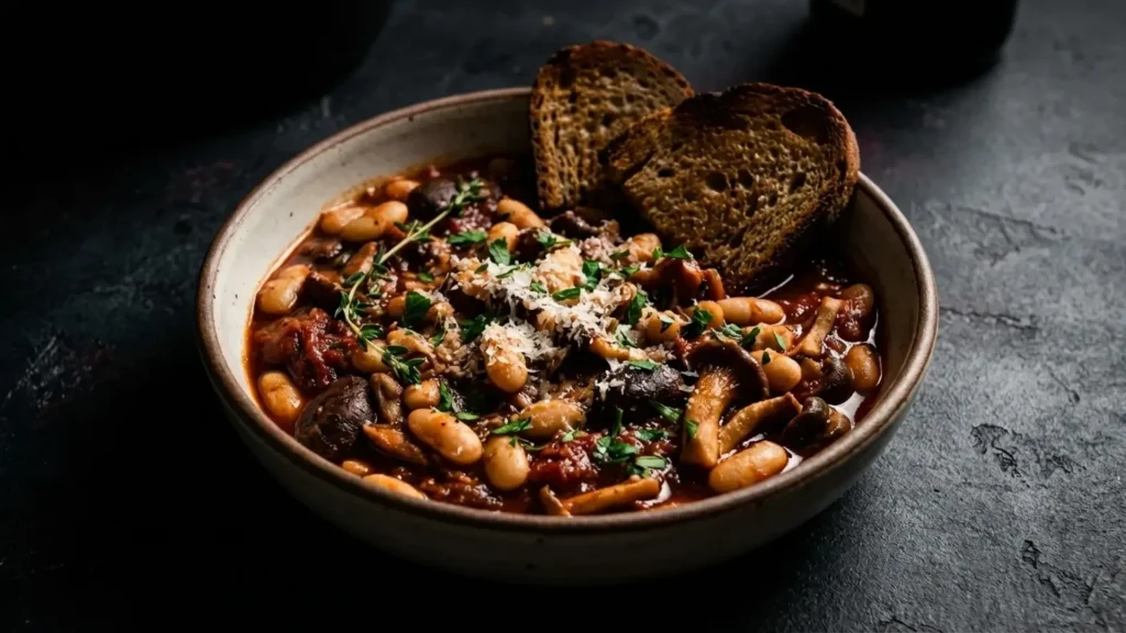 rich hearty white bean and mushroom stew topped with fresh herbs and cheese served with toasted bread in a tan bowl