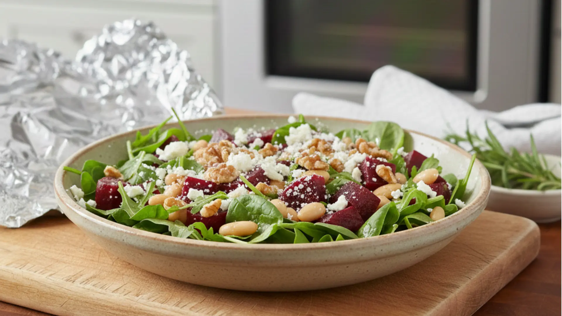 roasted beet and bean salad topped with goat cheese and walnuts in a tan bowl on a wooden cutting board with rosemary