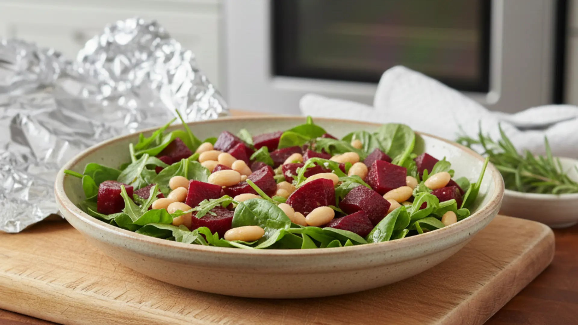 roasted beet and cannellini bean salad with fresh greens in a large tan bowl on a wooden cutting board
