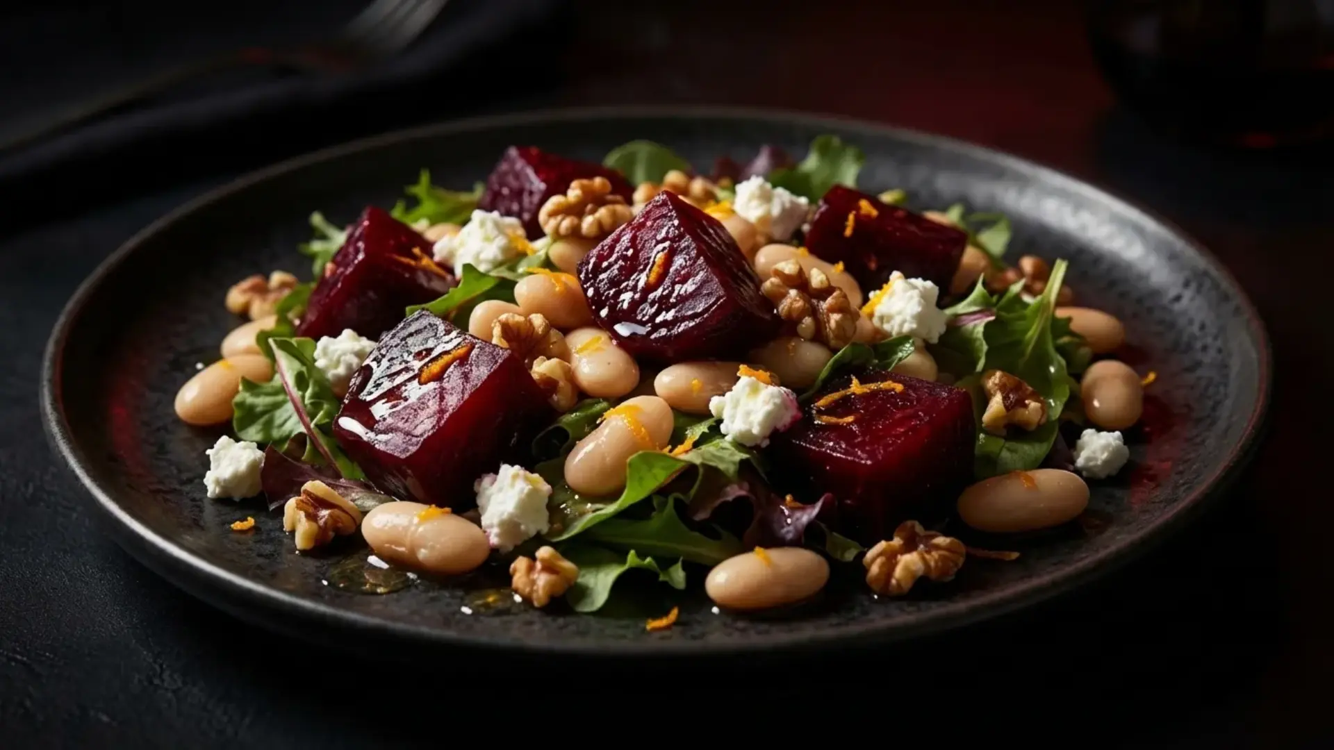 _roasted beet and white bean salad with mixed greens, goat cheese, and walnuts on a dark plate over a dark background