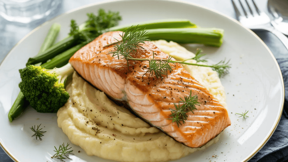 salmon with cauliflower mash, steamed broccoli, and fresh herbs on a plate
