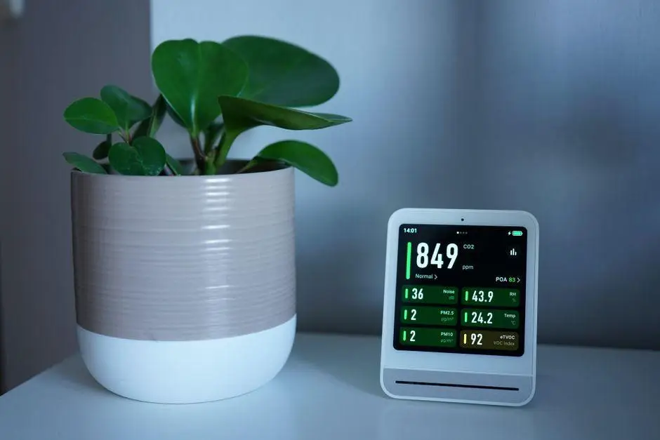 Potted green plant beside digital air quality monitor displaying CO2 levels on white table