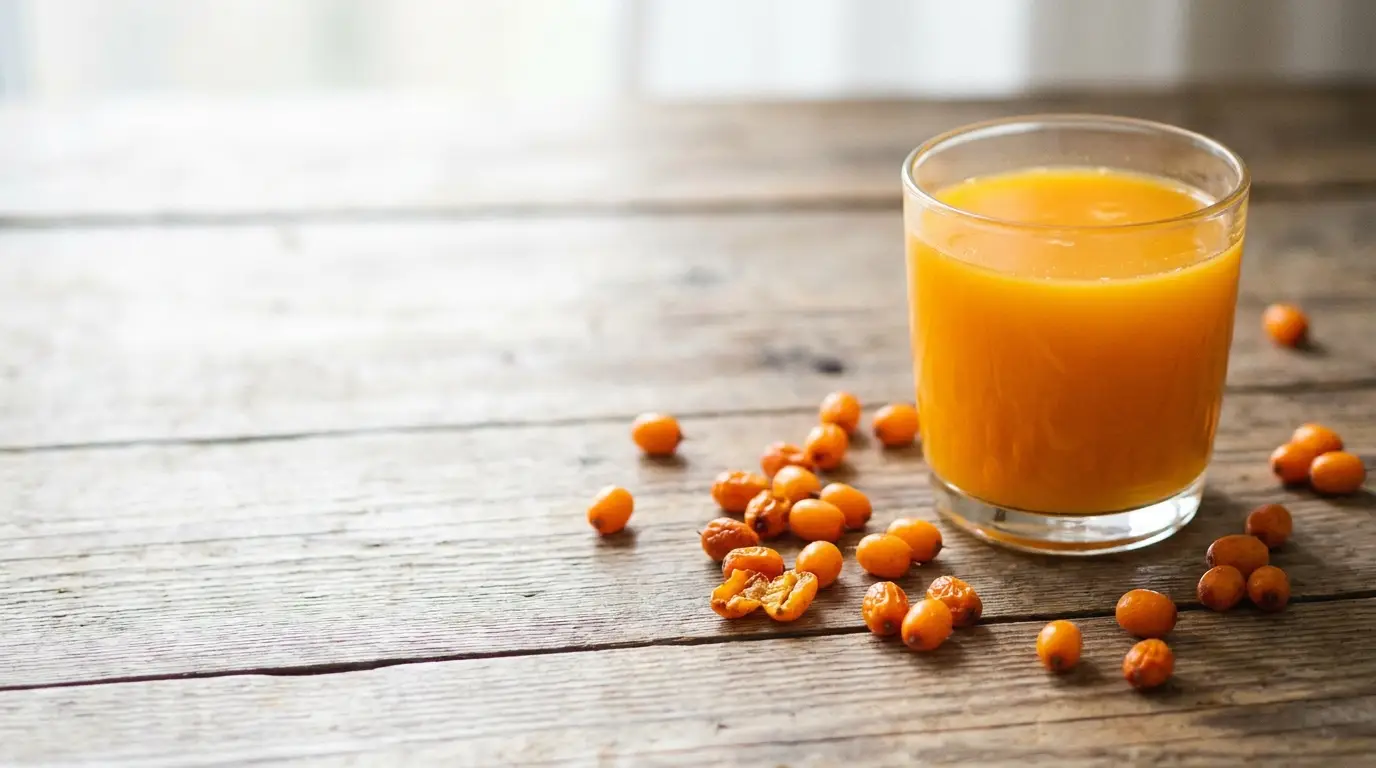 Glass of orange juice and sea buckthorn berries on rustic wooden table