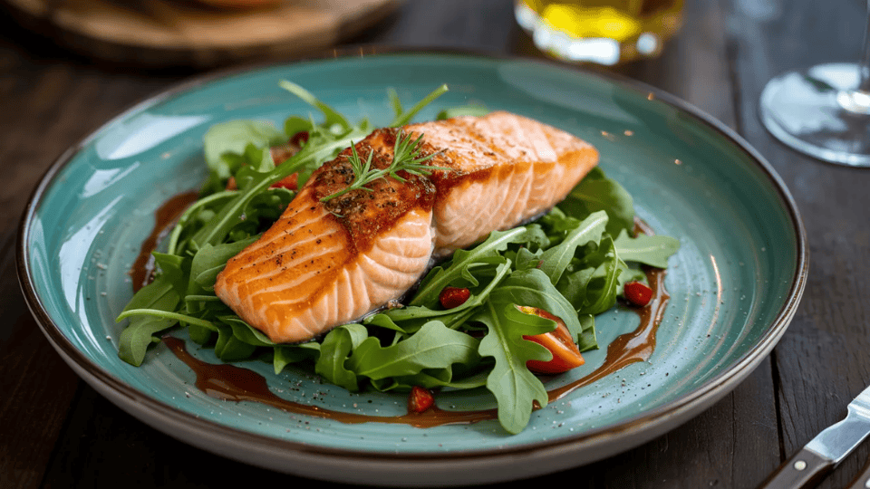 seared salmon on a bed of arugula salad with radishes and parmesan shavings on a plate
