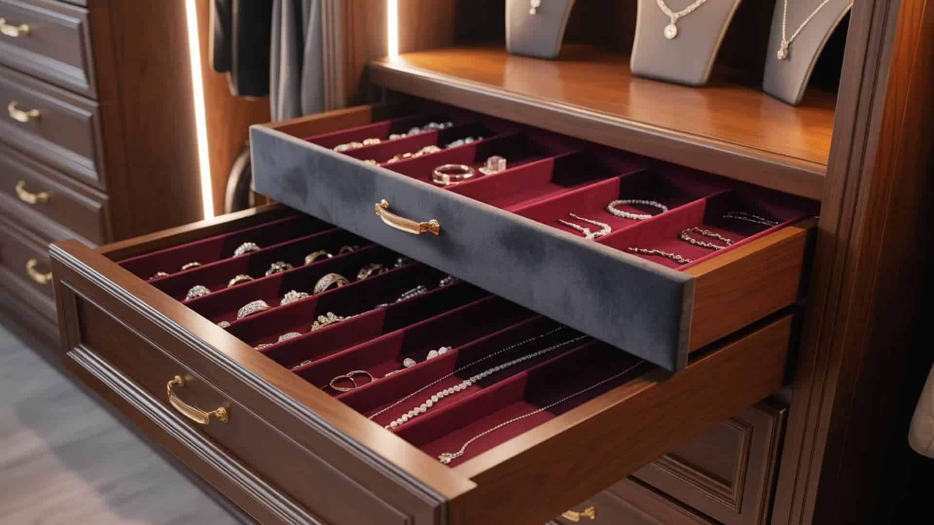 section of a walk-in closet with velvet-lined drawers for a jewelry display. The drawers should be divided to store necklaces, rings, and bracelets