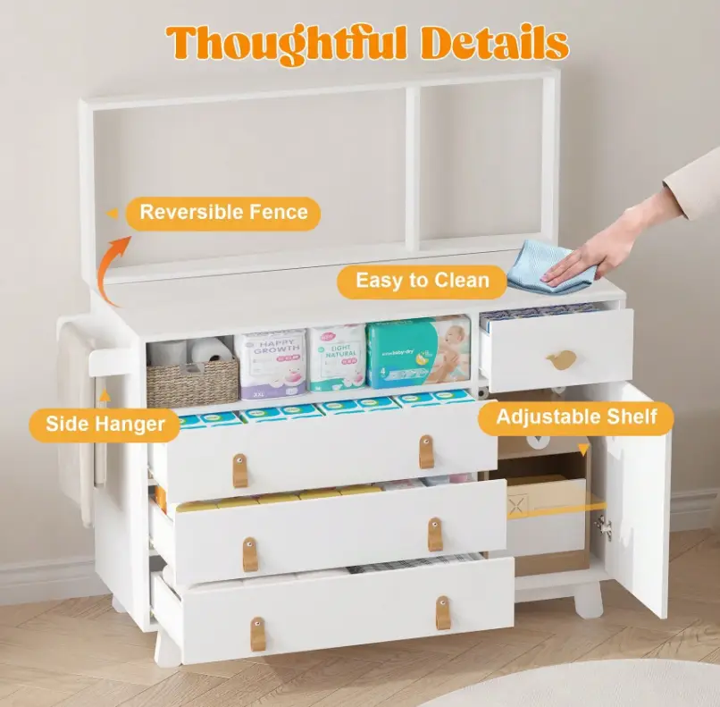 White changing table with organized drawers and open shelves in a neutral nursery setting