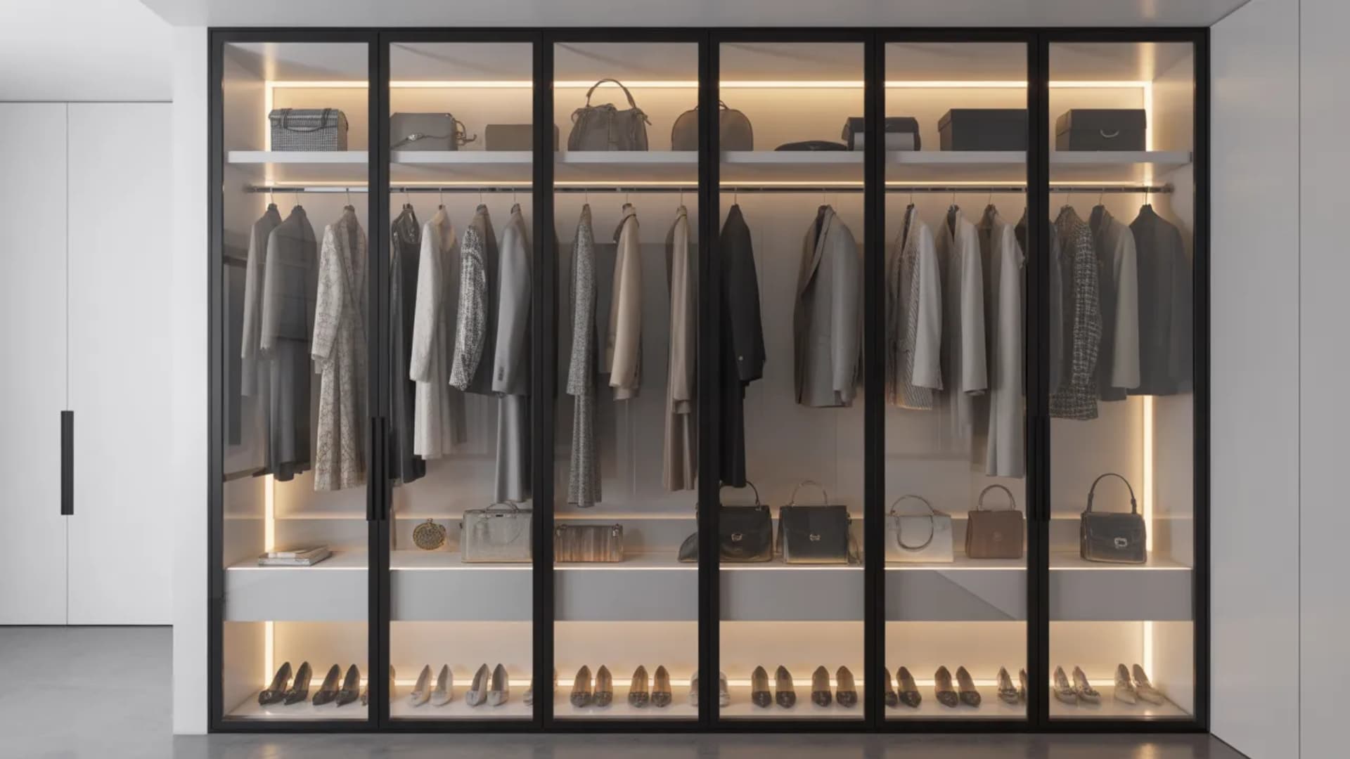 sleek, modern walk-in closet with floor-to-ceiling black-framed glass doors. Display neatly arranged clothes, shoes, and accessories