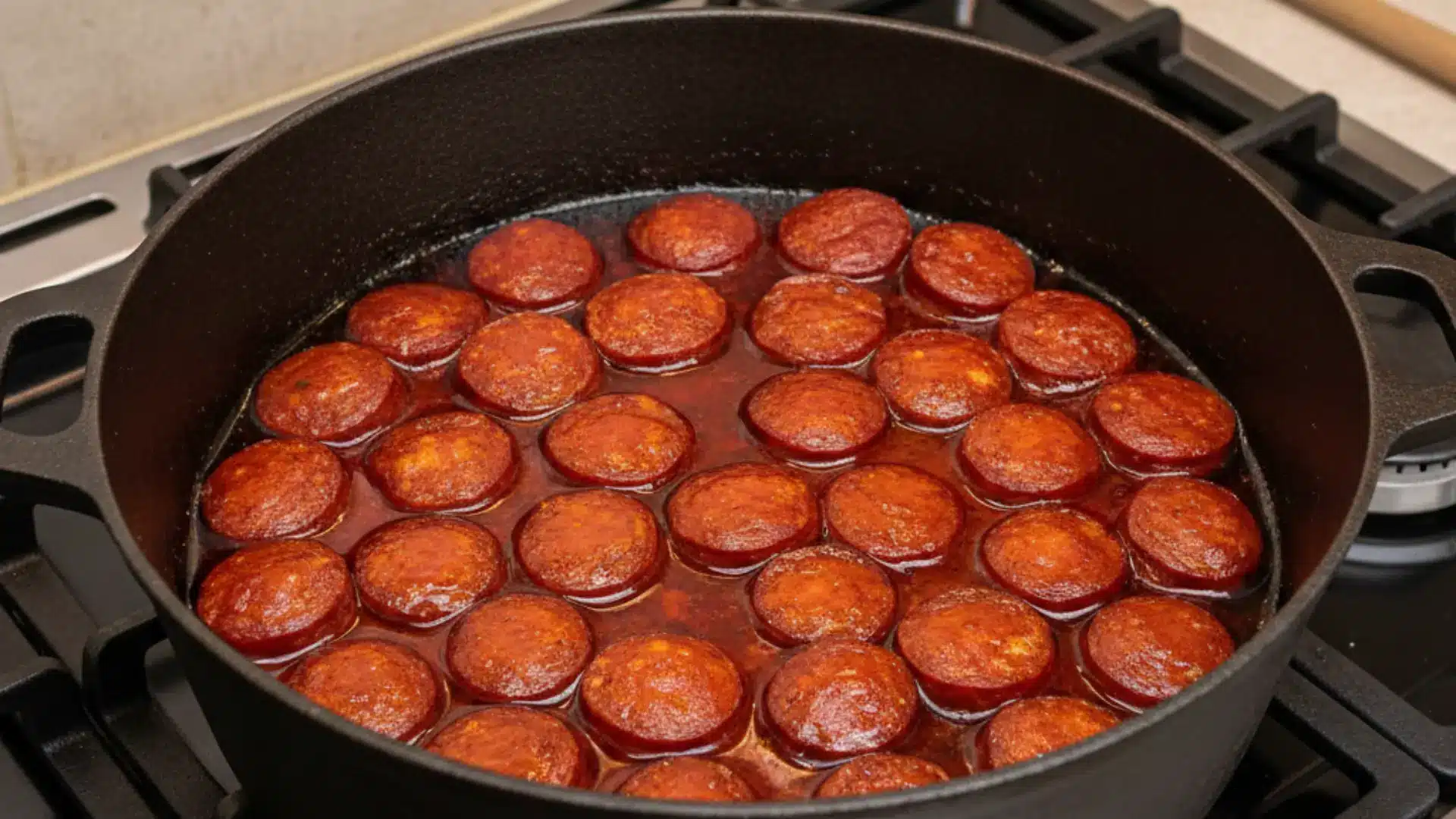 sliced chorizo rounds browning in a large black pot on a stovetop as they release red flavorful oils