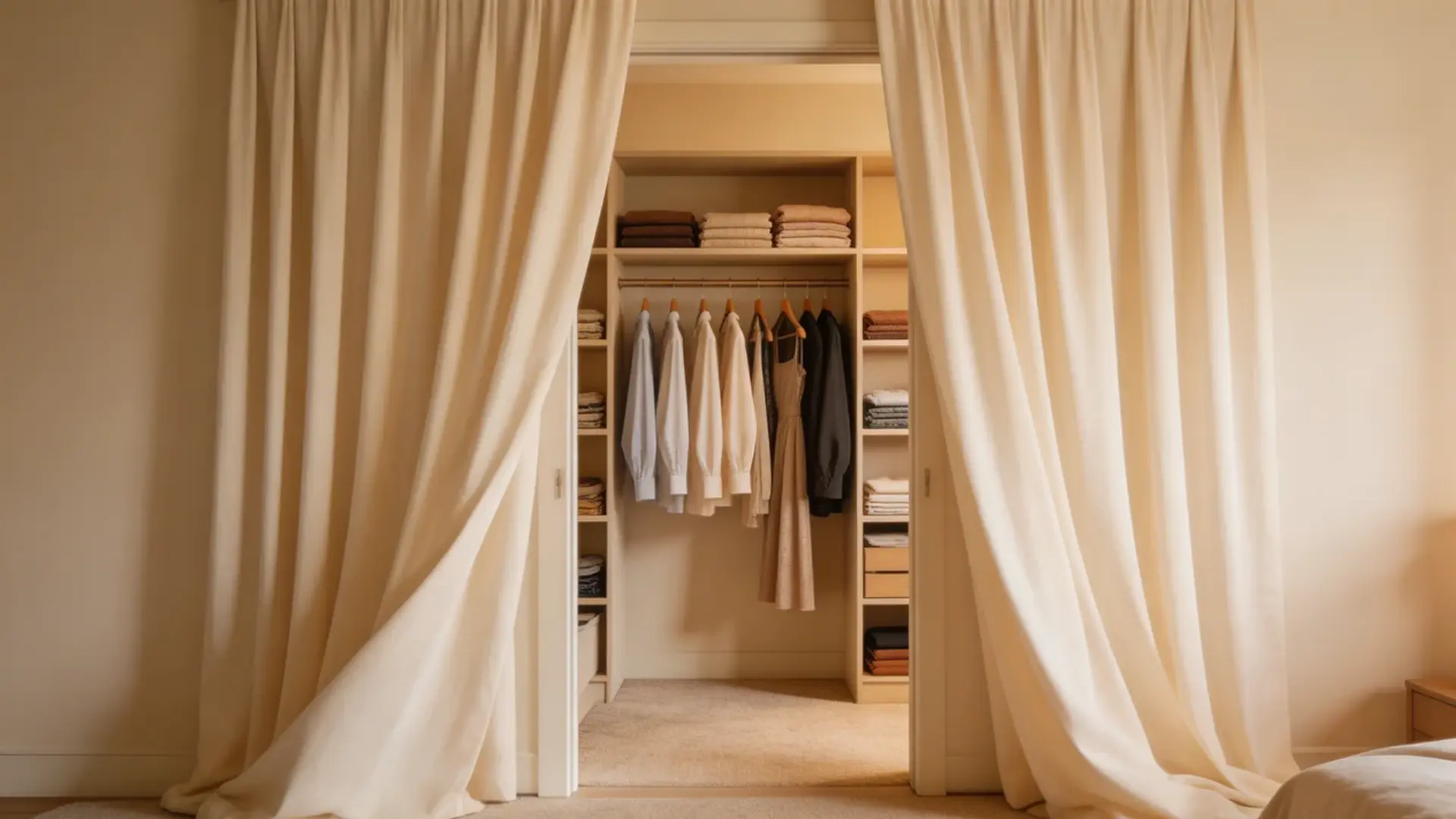 small walk-in closet hidden behind soft curtains, partially open fabric divider, compact storage with shelves and hanging clothe