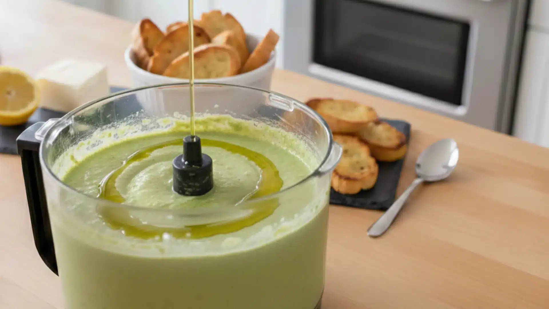 smooth green pesto and white bean spread in a food processor on a wooden kitchen counter next to toasted bread slices